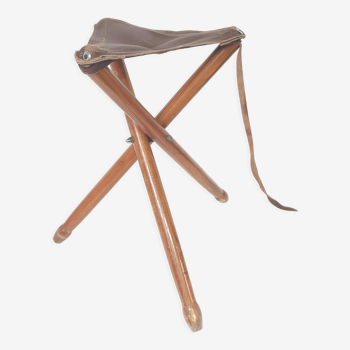 Tabouret tripode pliable en bois et cuir