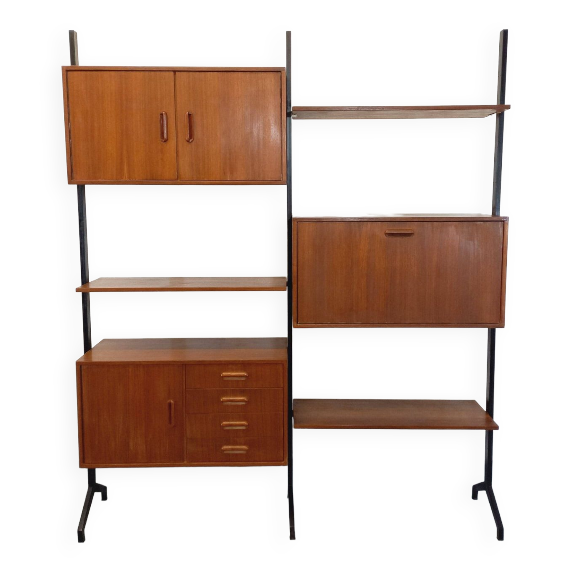 Italian bookcase vintage modular double shelf in teak and metal from the 60s