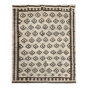 Tapis Kilim en laine beige et marron tissée à la main, à motifs géométriques