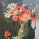 Peinture ancienne "coquelicots et marguerites"