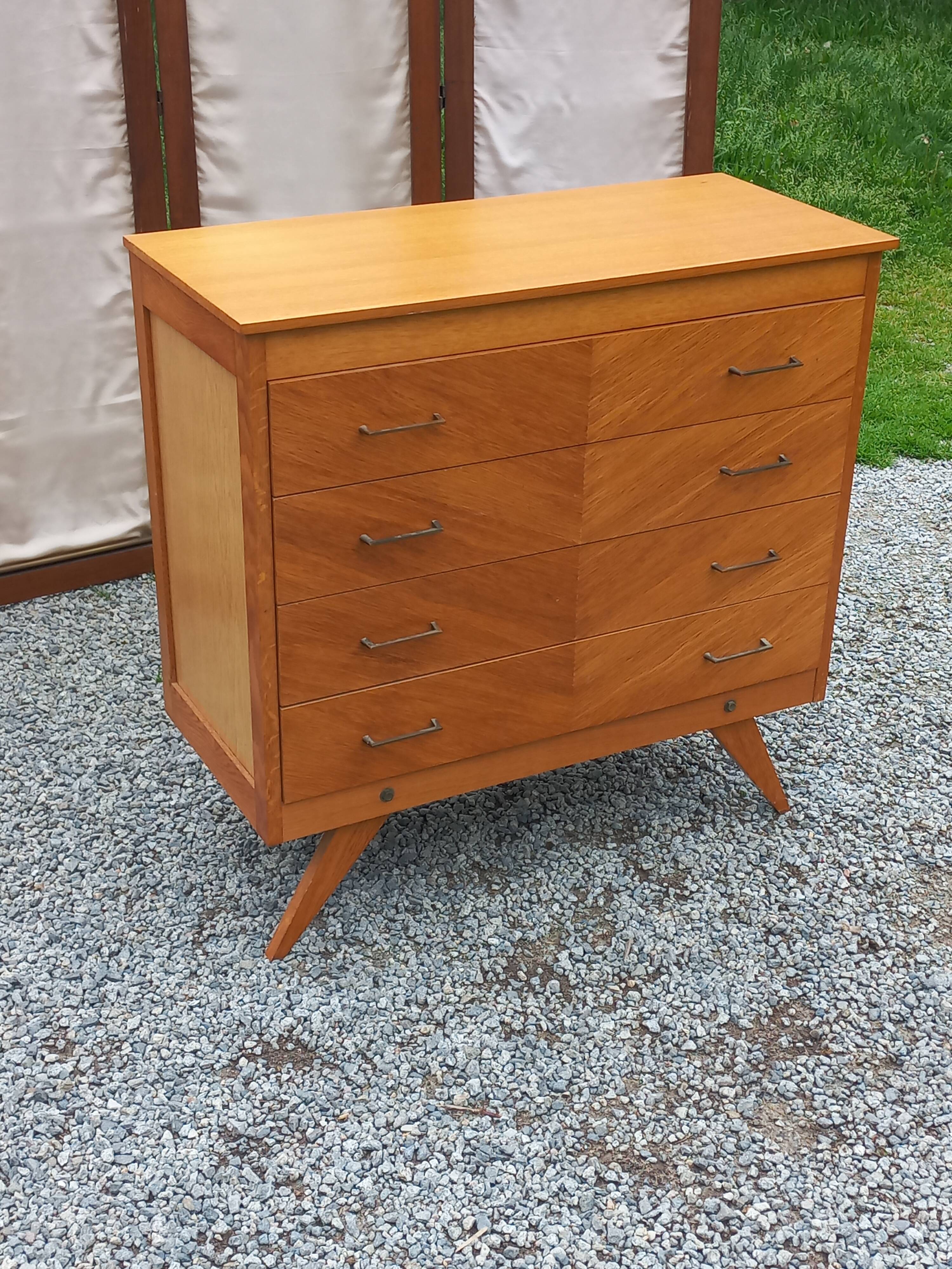 Vintage chest of drawers in blond and golden oak, compass legs and 4 drawers, 1950s