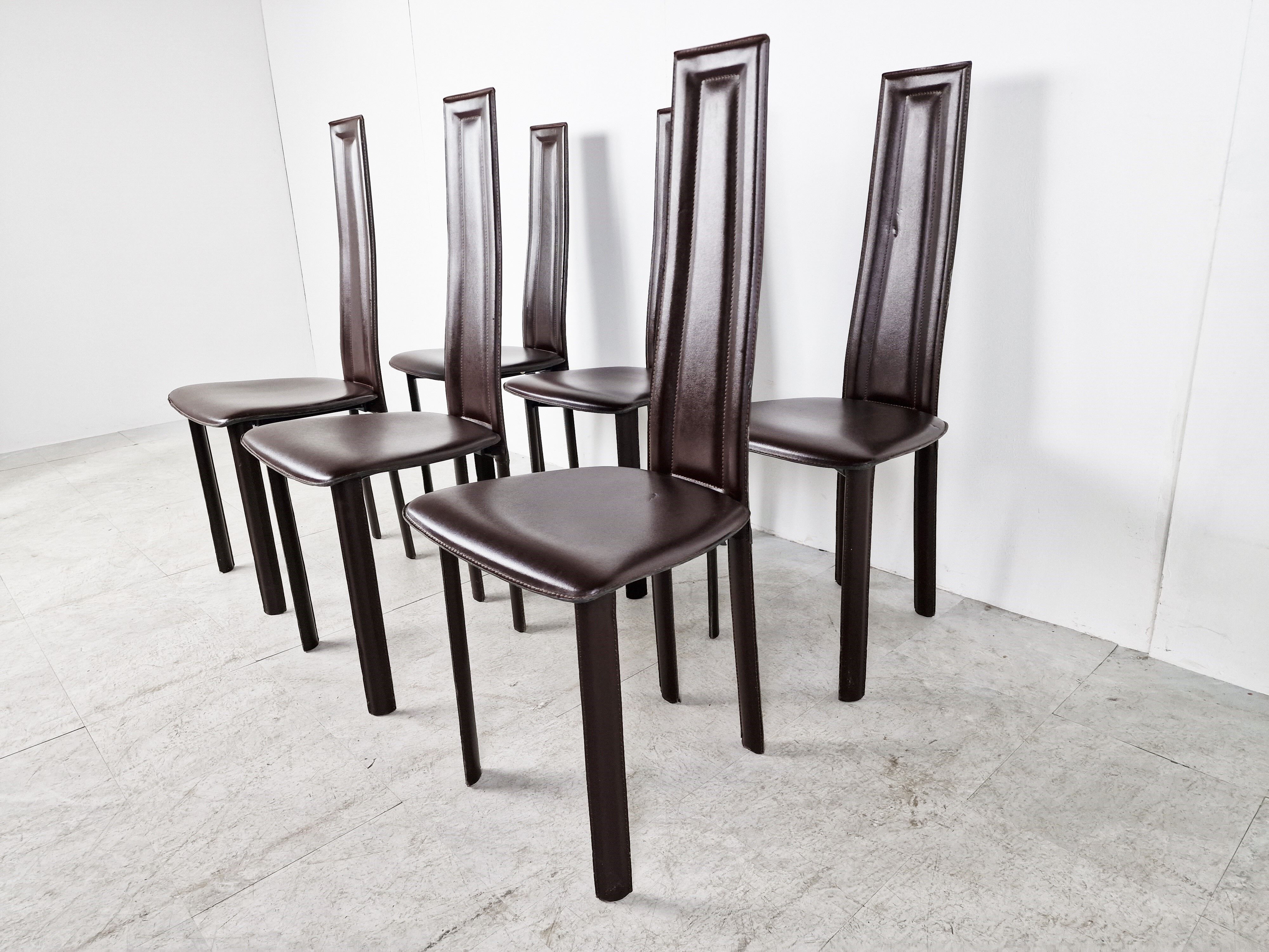Vintage brown leather dining chairs, set of 6, 1980s