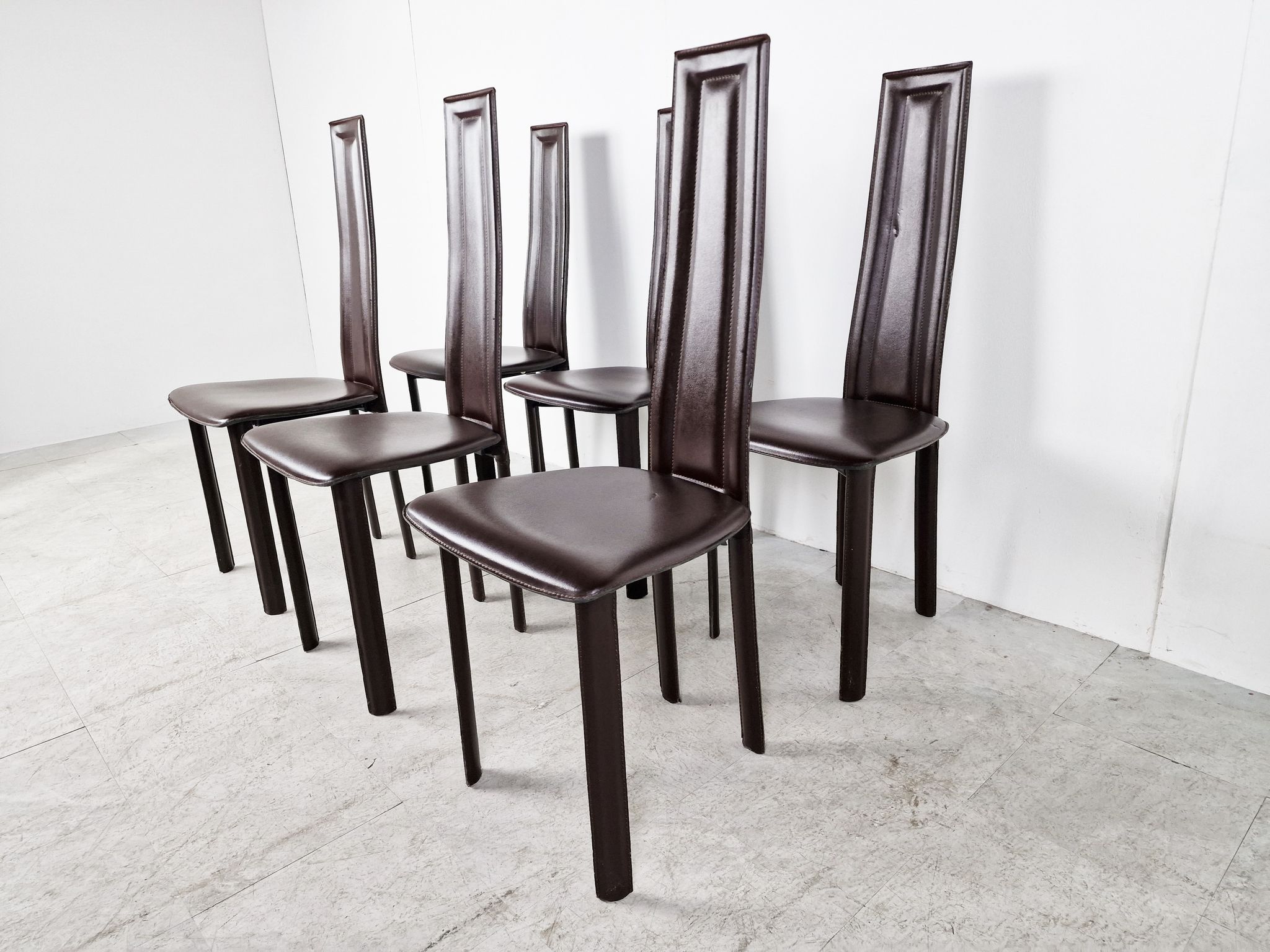Vintage brown leather dining chairs, set of 6, 1980s