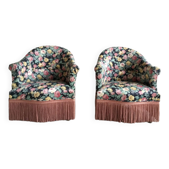 Pair of toad armchairs with floral patterns and fringes - vintage - 1960s