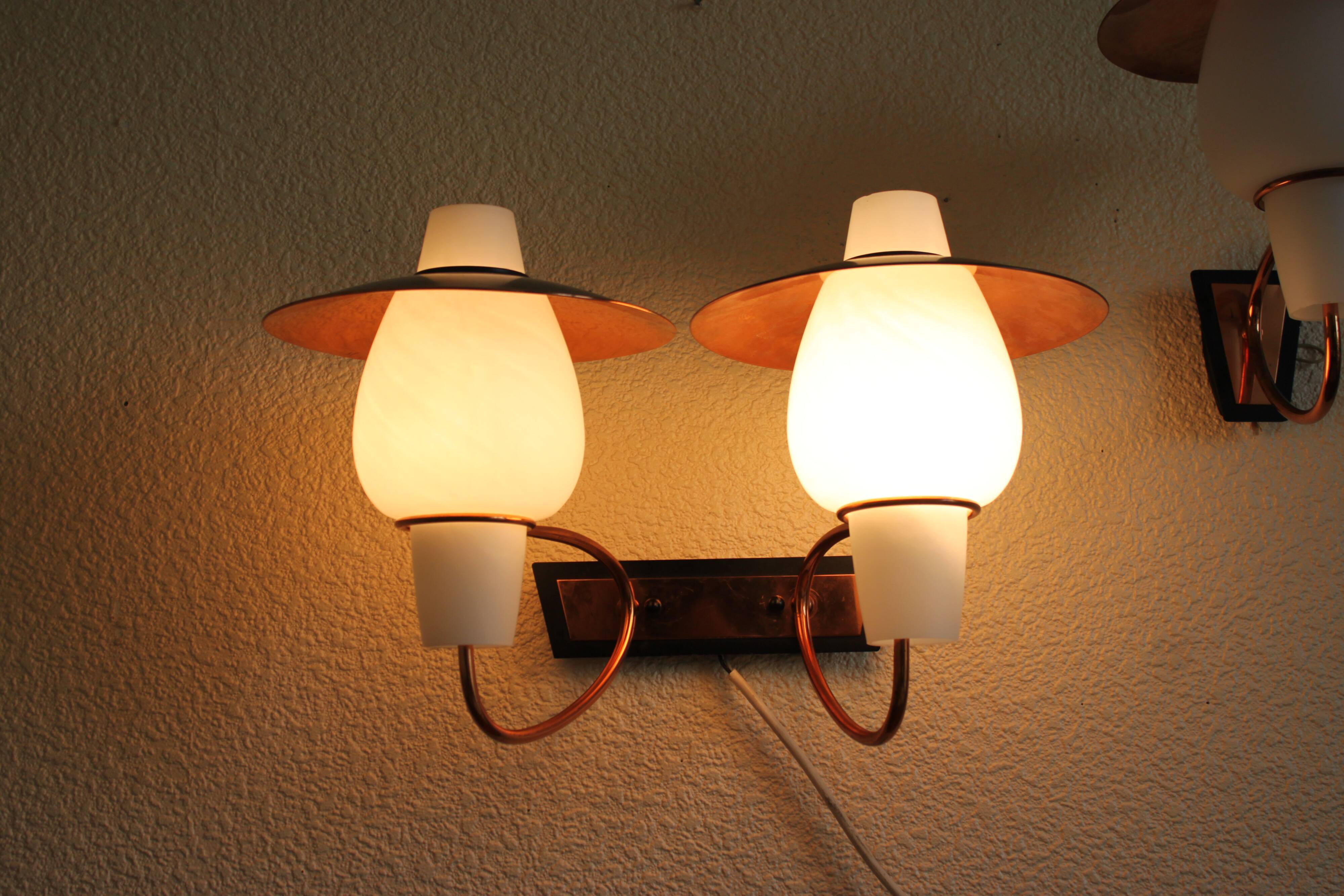 2 wall lamps from the 60s, modernist, copper and opaline