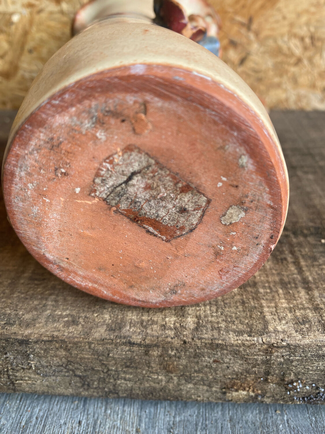 Vintage Beige Glazed Terracotta Vase with Relief Flower Decoration