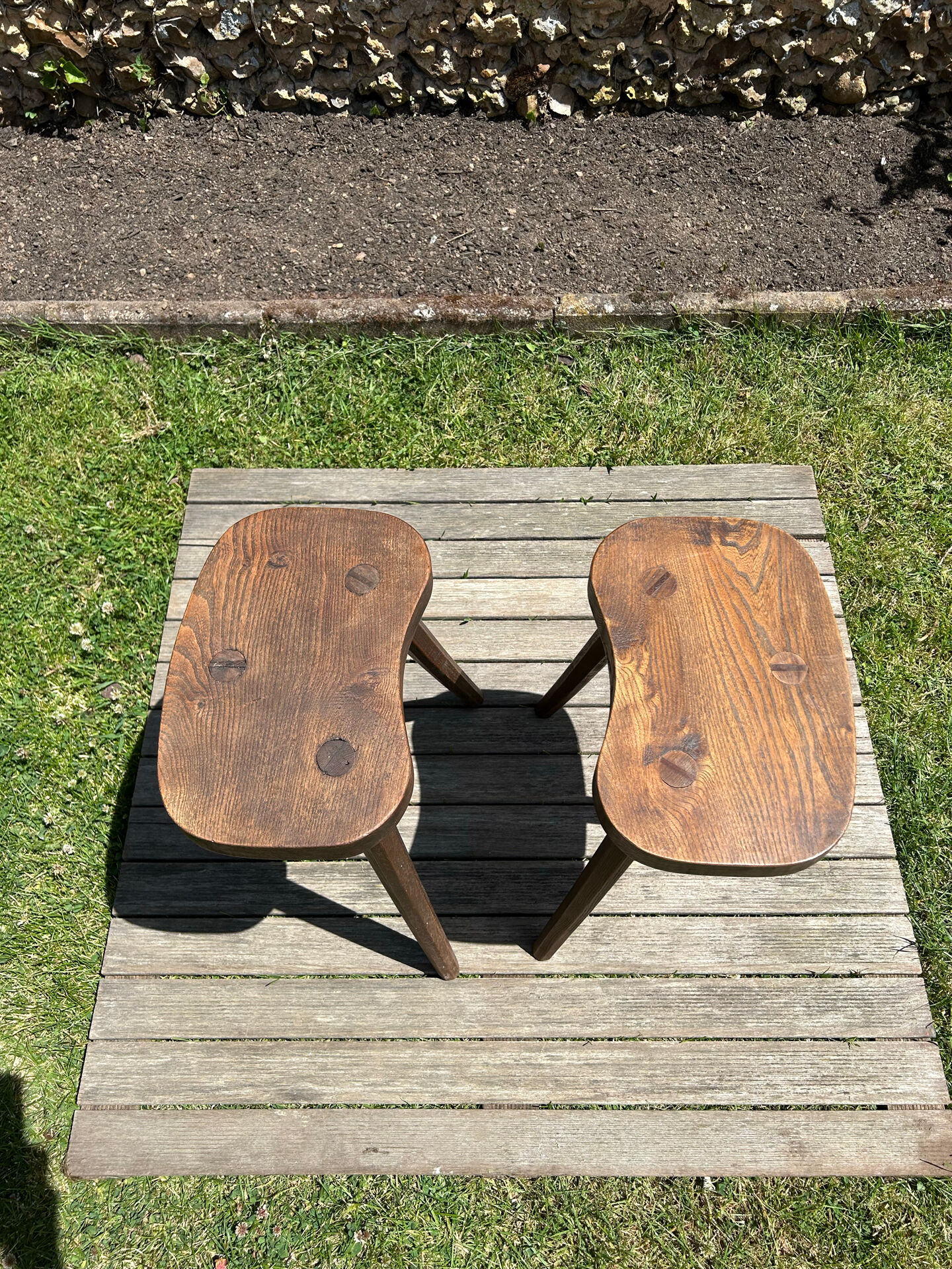 Pair of vintage farmhouse stools in solid oak