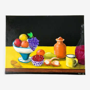 Tableau huile sur toile nature morte colorée vintage