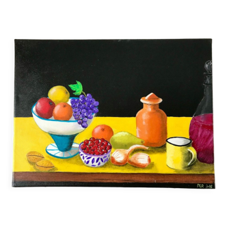 Tableau huile sur toile nature morte colorée vintage