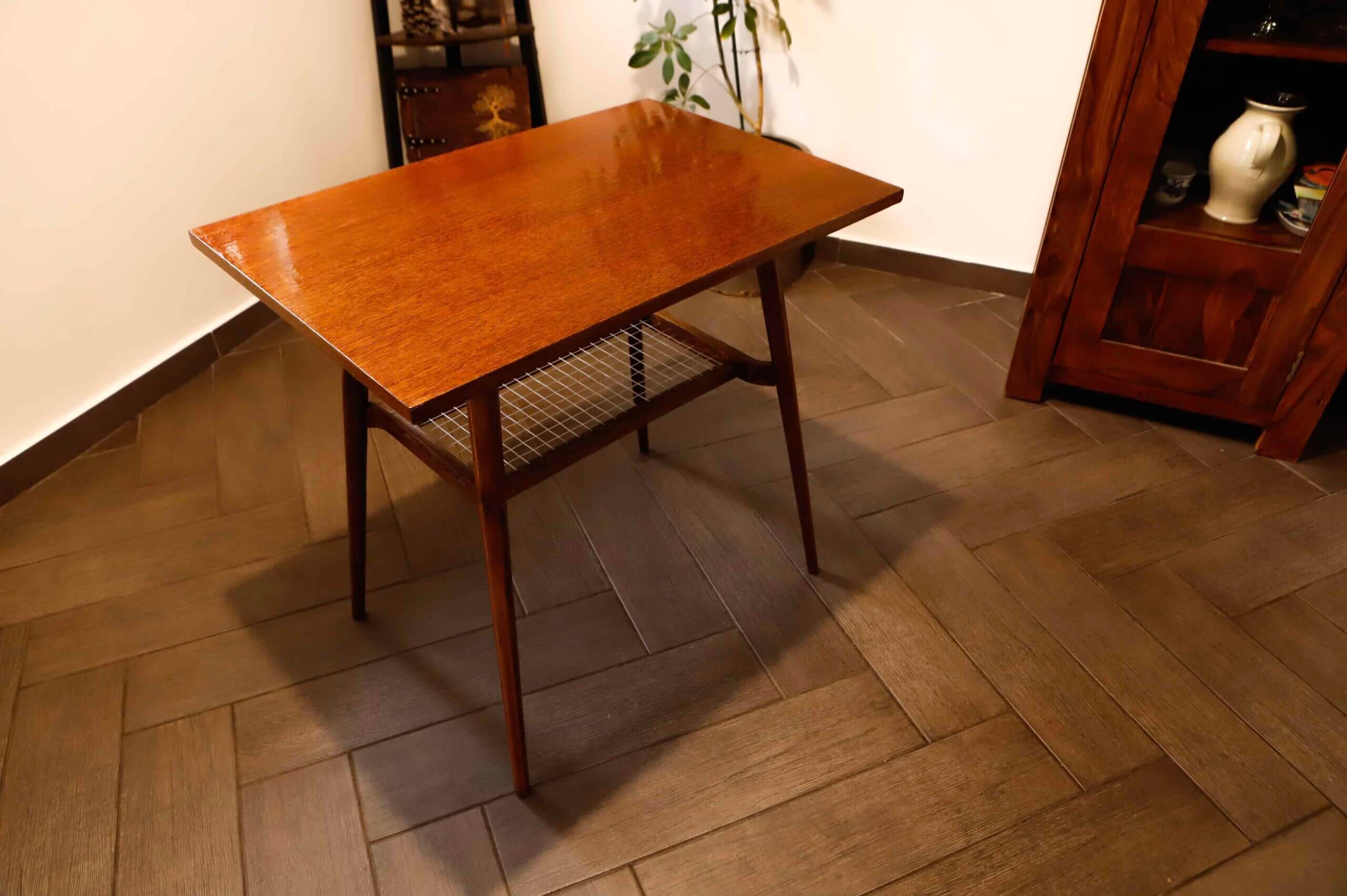 Brussels style retro table with woven shelf – Dřevopodnik Holešov, 1960s
