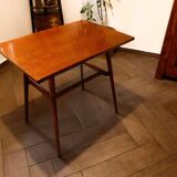 Brussels style retro table with woven shelf – Dřevopodnik Holešov, 1960s