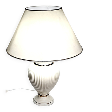 Vintage white ceramic table lamp, ribbed body and conical shade.