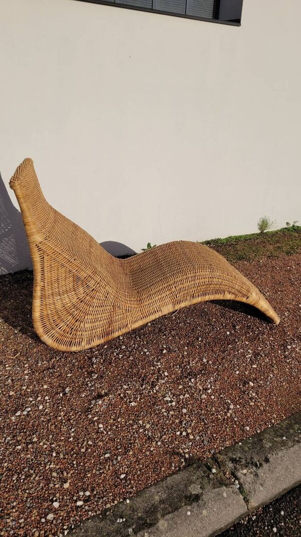 Chaise longue transat lit de repos en rotin vintage -1970s