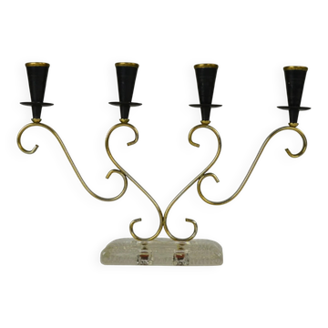 Brass Candelabra with Art Glass Base by Gunnar Ander for Ystad-Metall, Sweden, 1950s