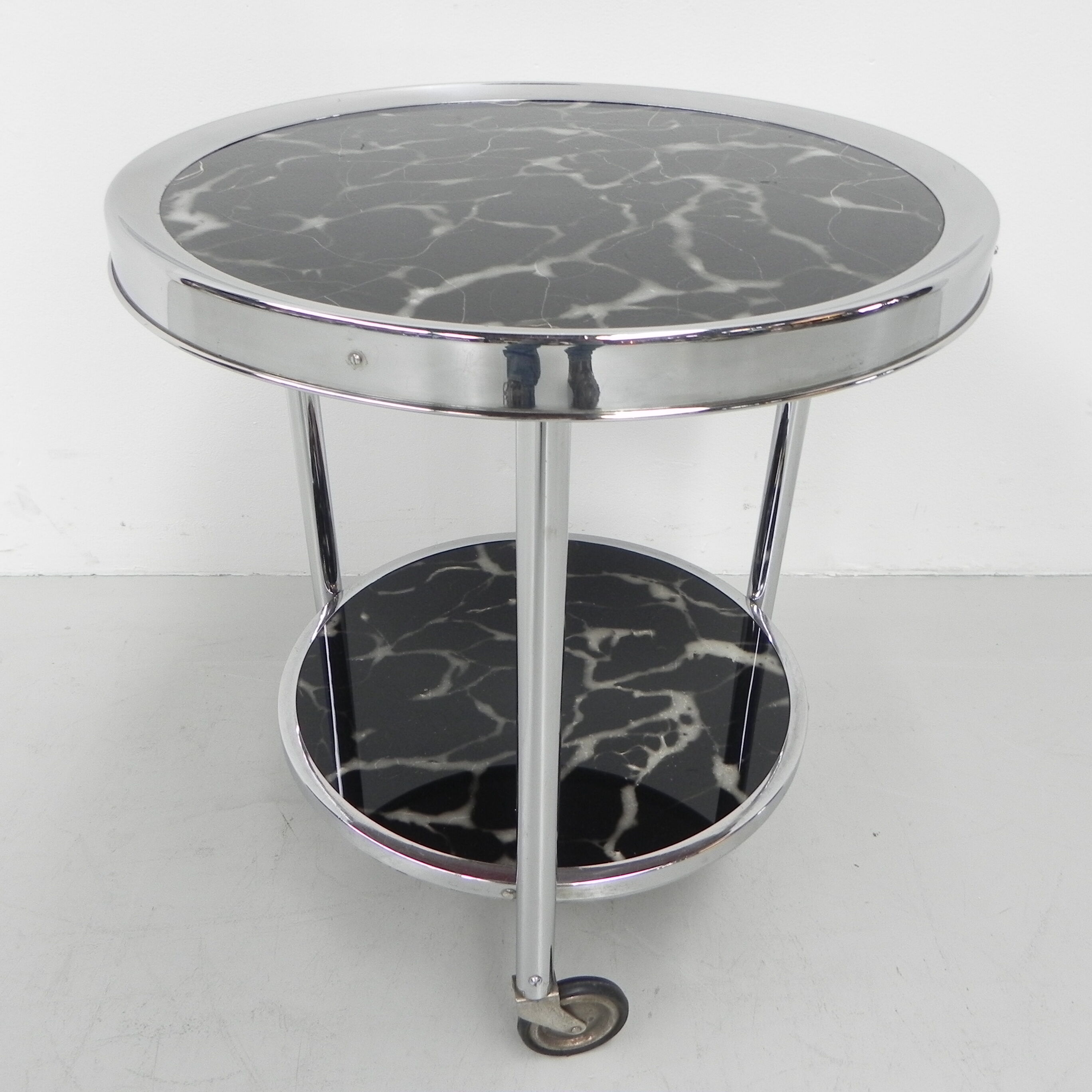Art deco coffee table in bauhaus style with 2 glass tops and castors