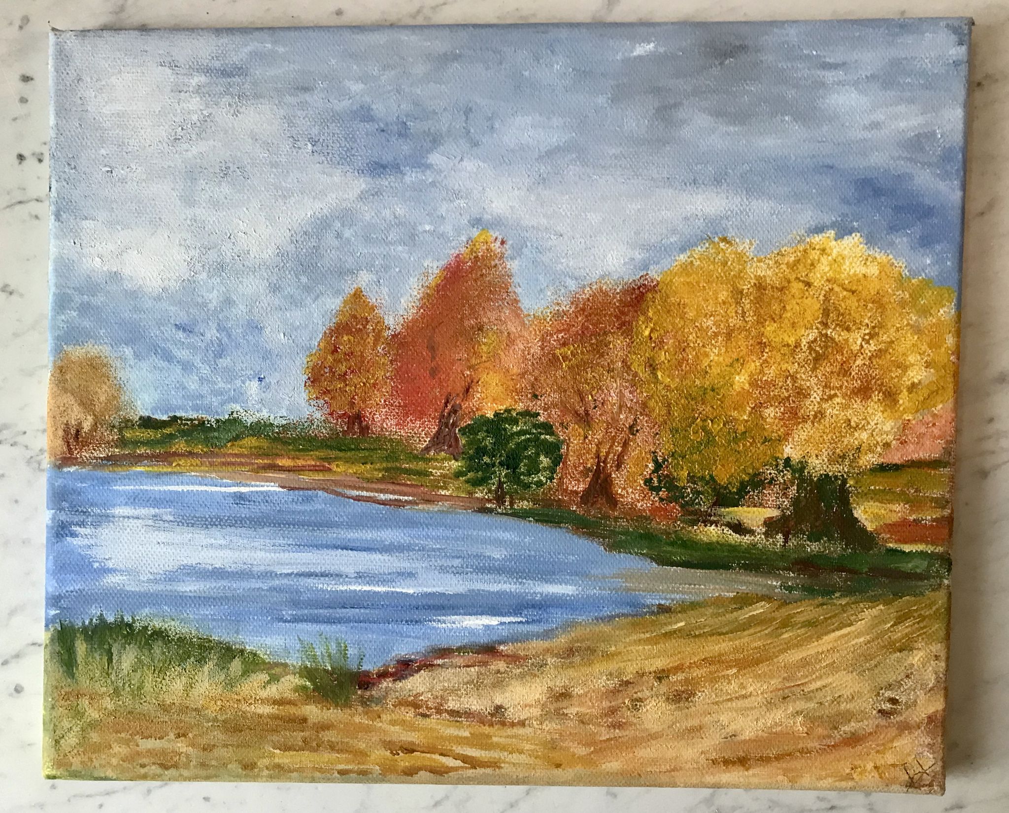 Oil painting on canvas autumn landscape and vintage lake