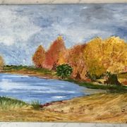 Oil painting on canvas autumn landscape and vintage lake