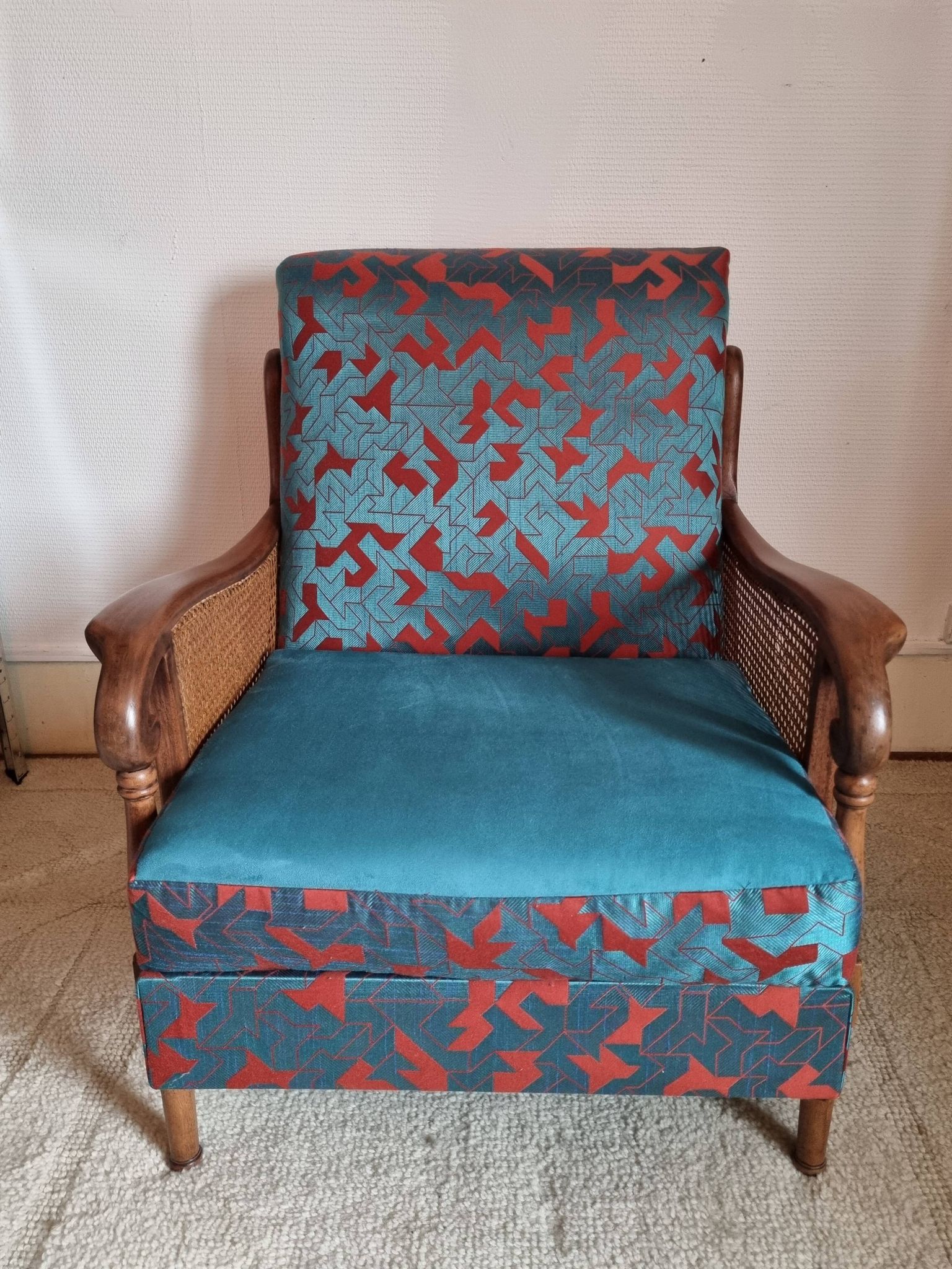 Bridge armchair in wood and cane from the 1950s.