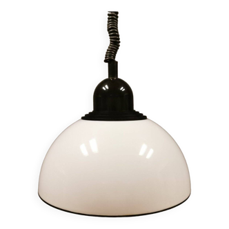 Hanging lamp, in milky white plastic with black top/suspension, probably Danish.