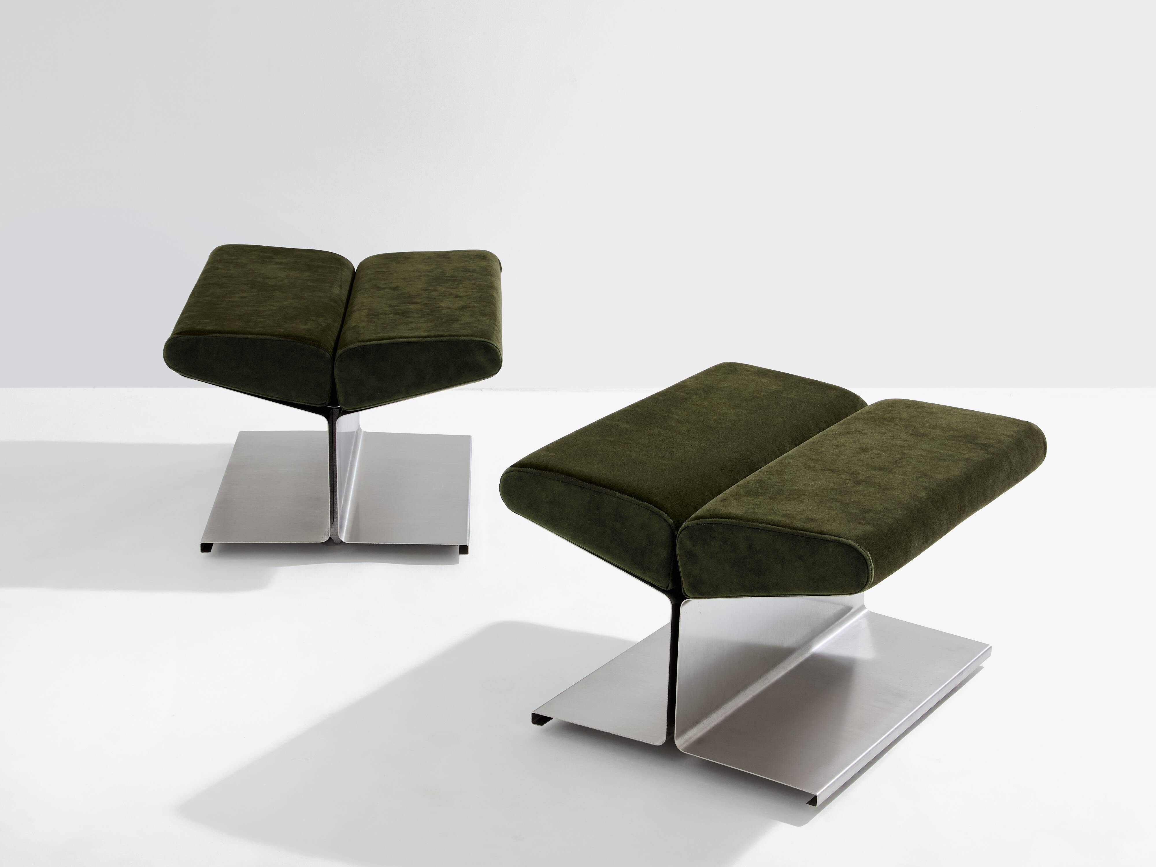 Pair of ottomans by Paul Geoffroy, brushed steel and alcantara, 1975