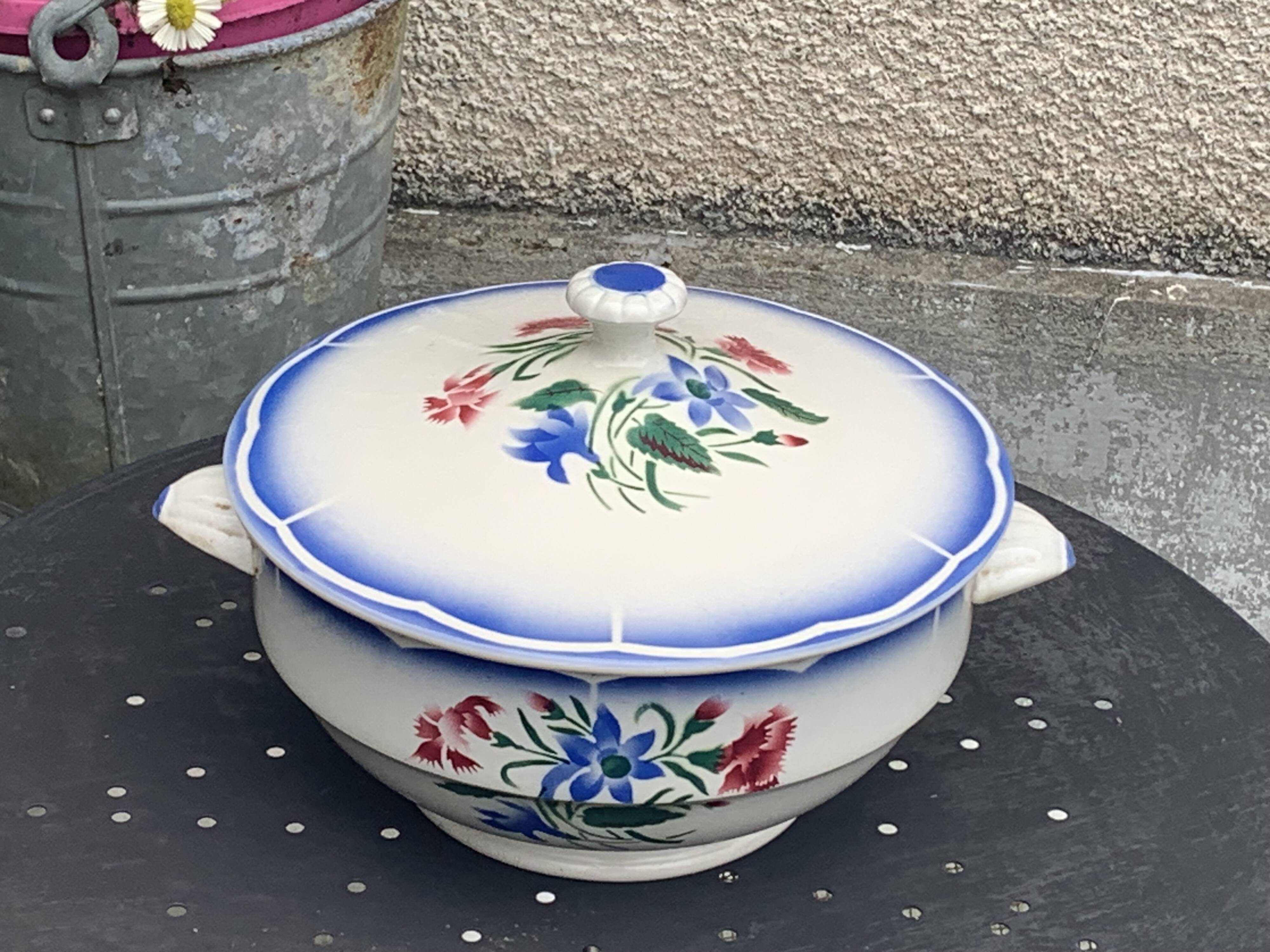 Soup tureen, Elorn model, Digoin and Sarreguemines, France, carnation motifs