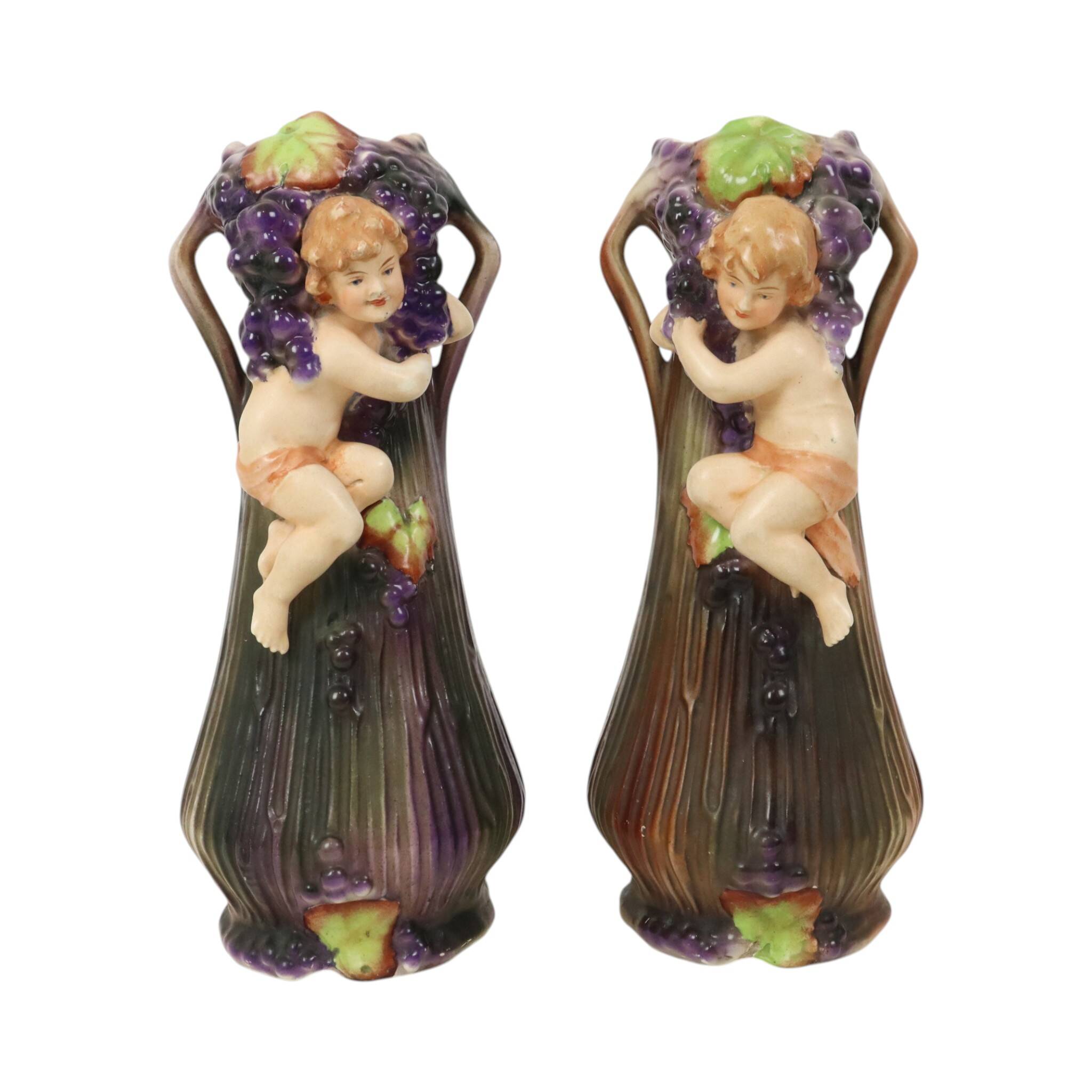Art Nouveau Vases Putti Cherub Amphora Style Pottery