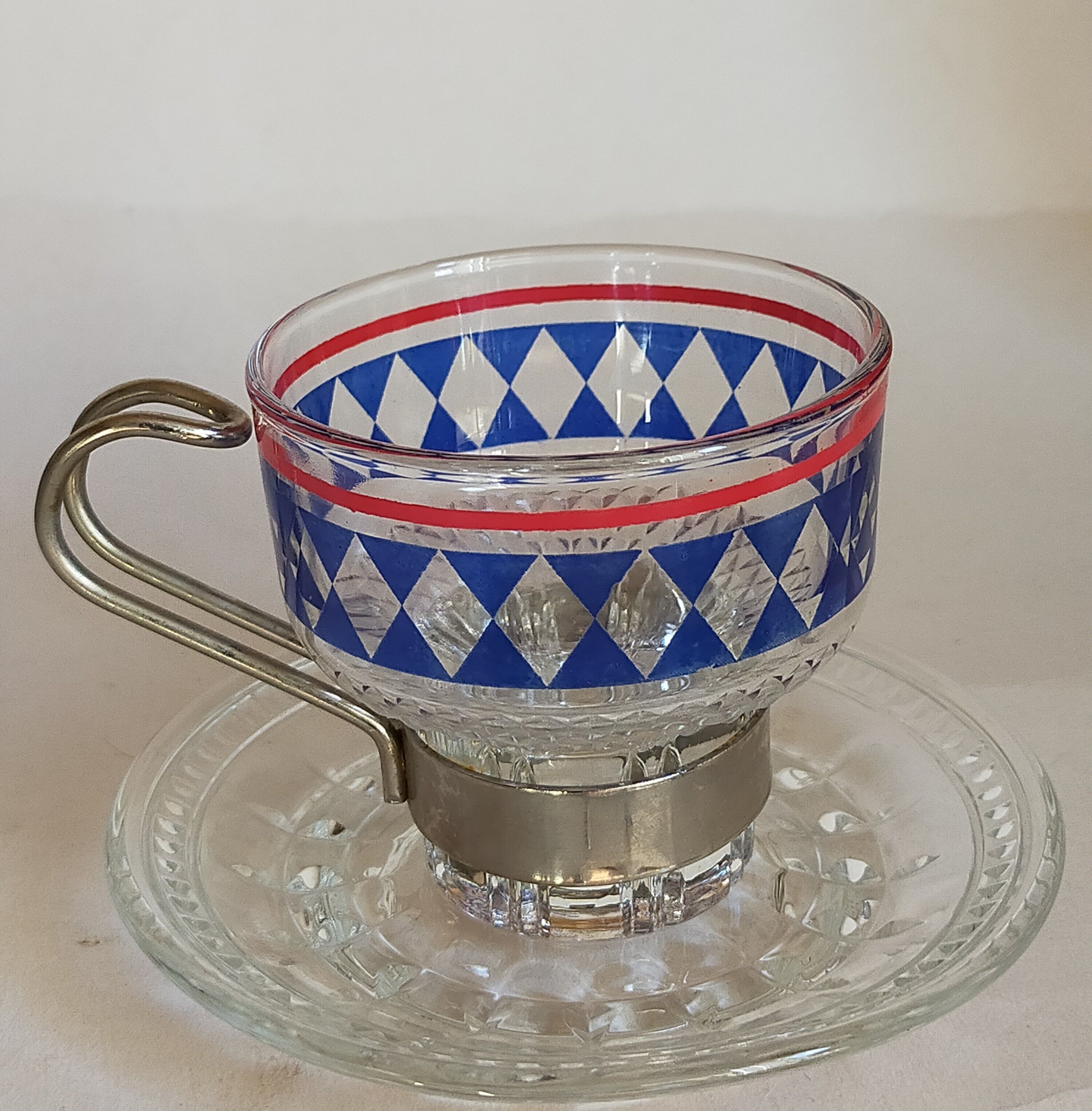 Four vintage coffee cups screen printed glass and metal