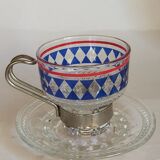 Four vintage coffee cups screen printed glass and metal