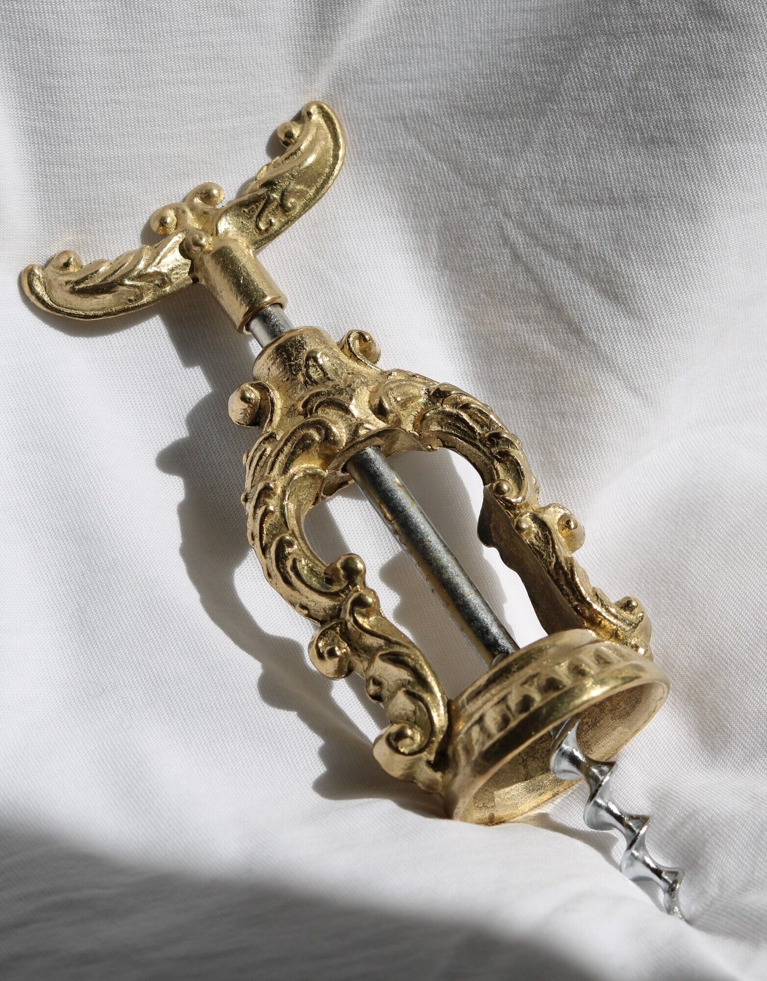 French ornate brass corkscrew wine opener