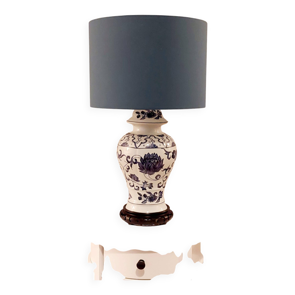 Lampe en porcelaine de Paris bleue et blanche peinte à la main, vers 1980
