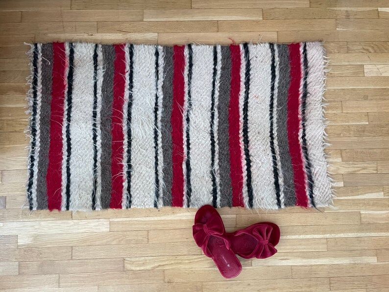 Set of two Romanian wool fluffy rugs with stripes made by hand
