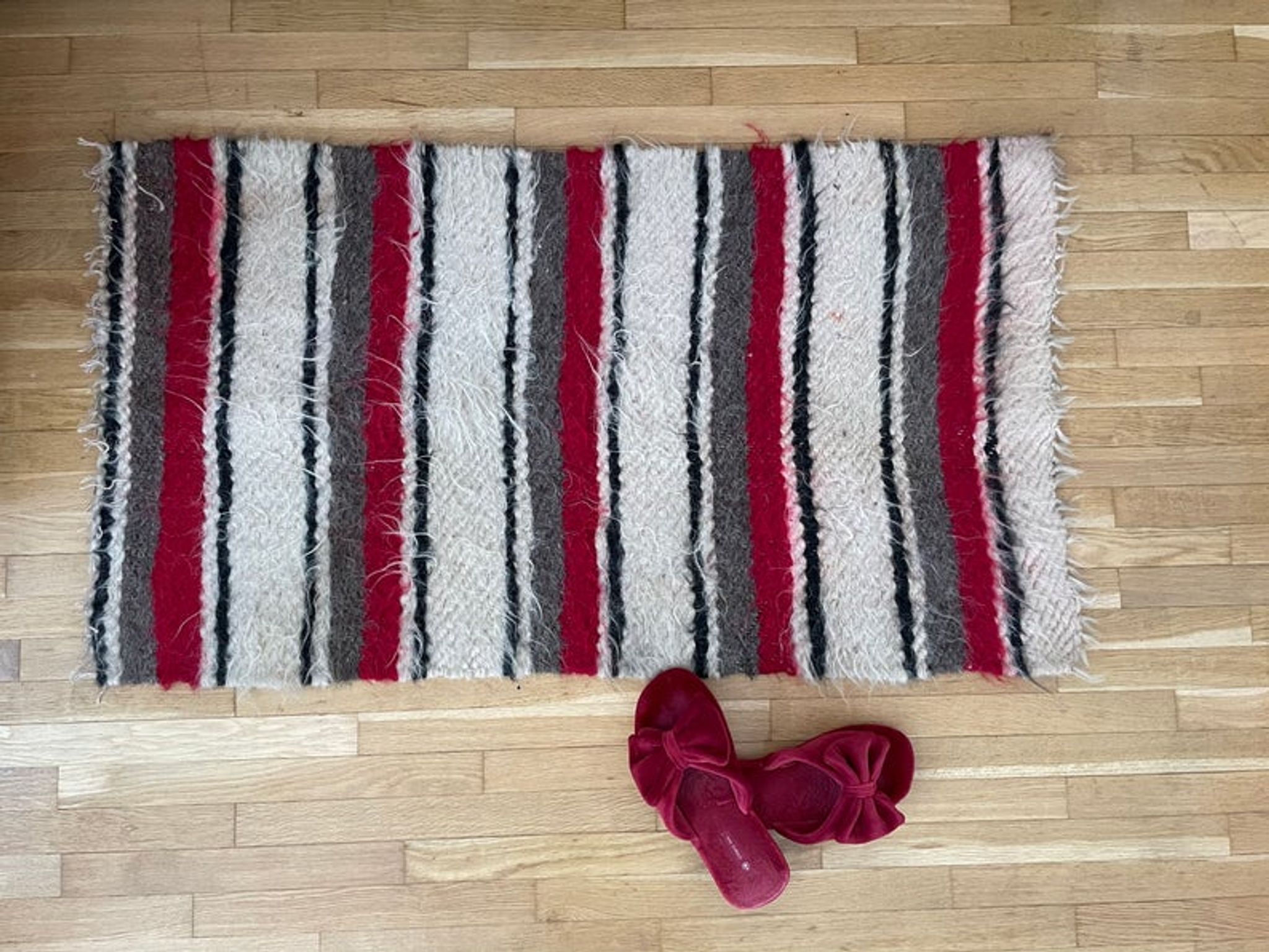 Set of two Romanian wool fluffy rugs with stripes made by hand
