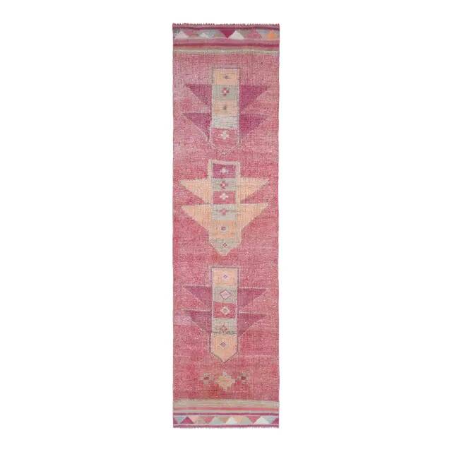 Tapis coureur vintage en laine et coton turc noué à la main rose 87x328
