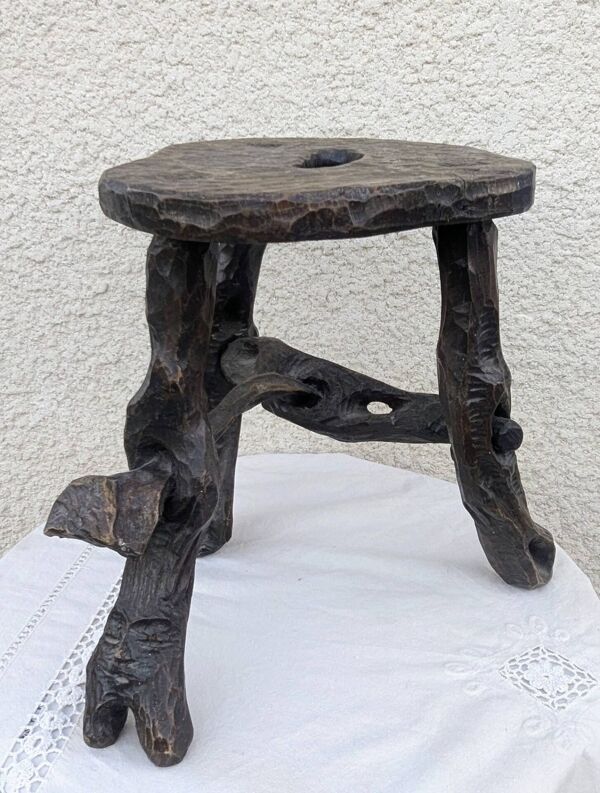 tabouret 50 60 brutaliste bois sellette  Sculpté Sculpture Mid century