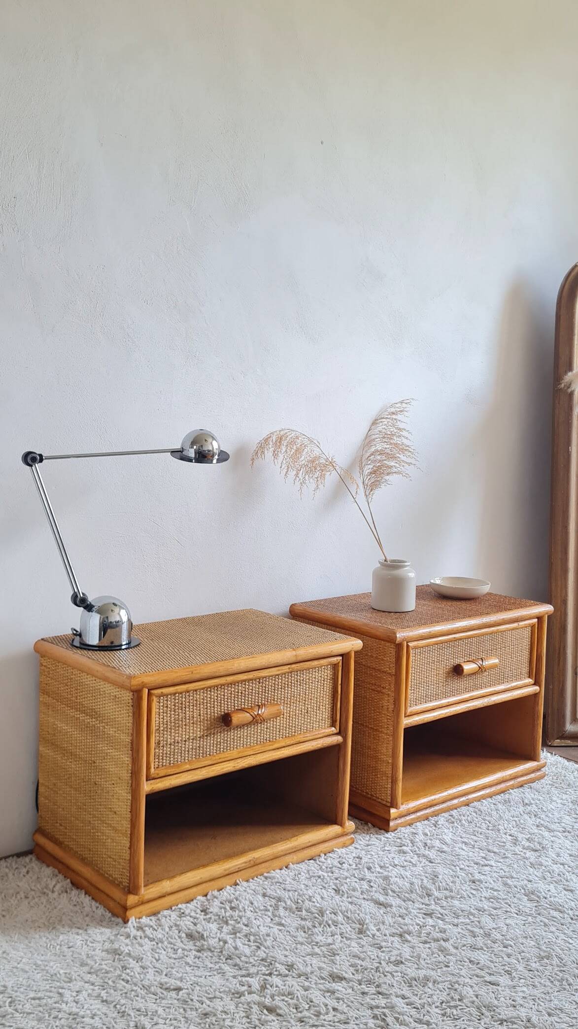 Pair of vintage rattan bedside tables from the 1970s.