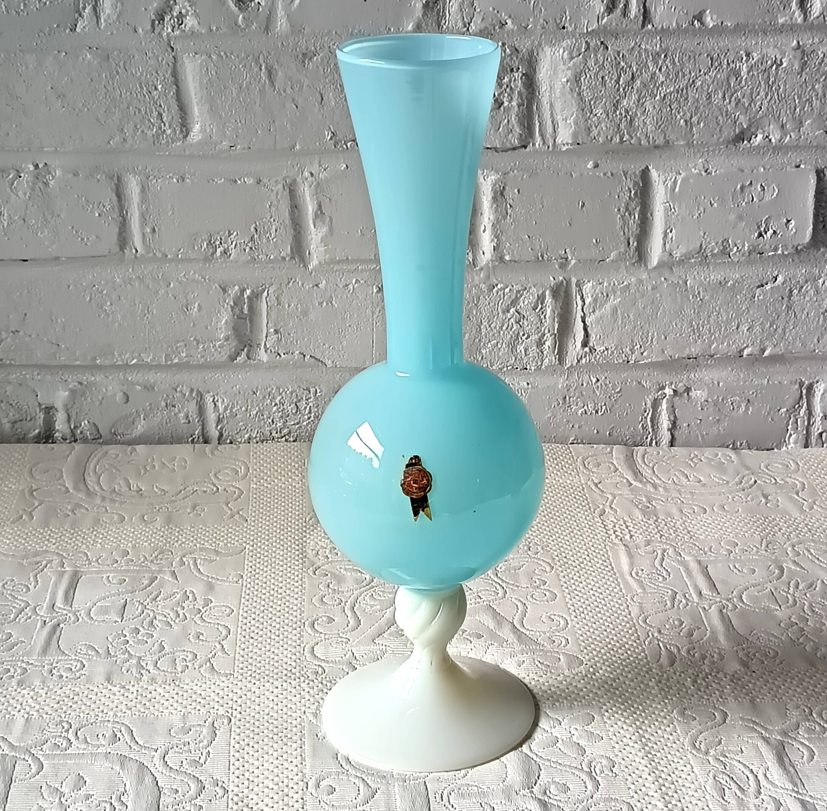 Grand VASE décoratif rétro pied opaline bleue, vase vintage Italie