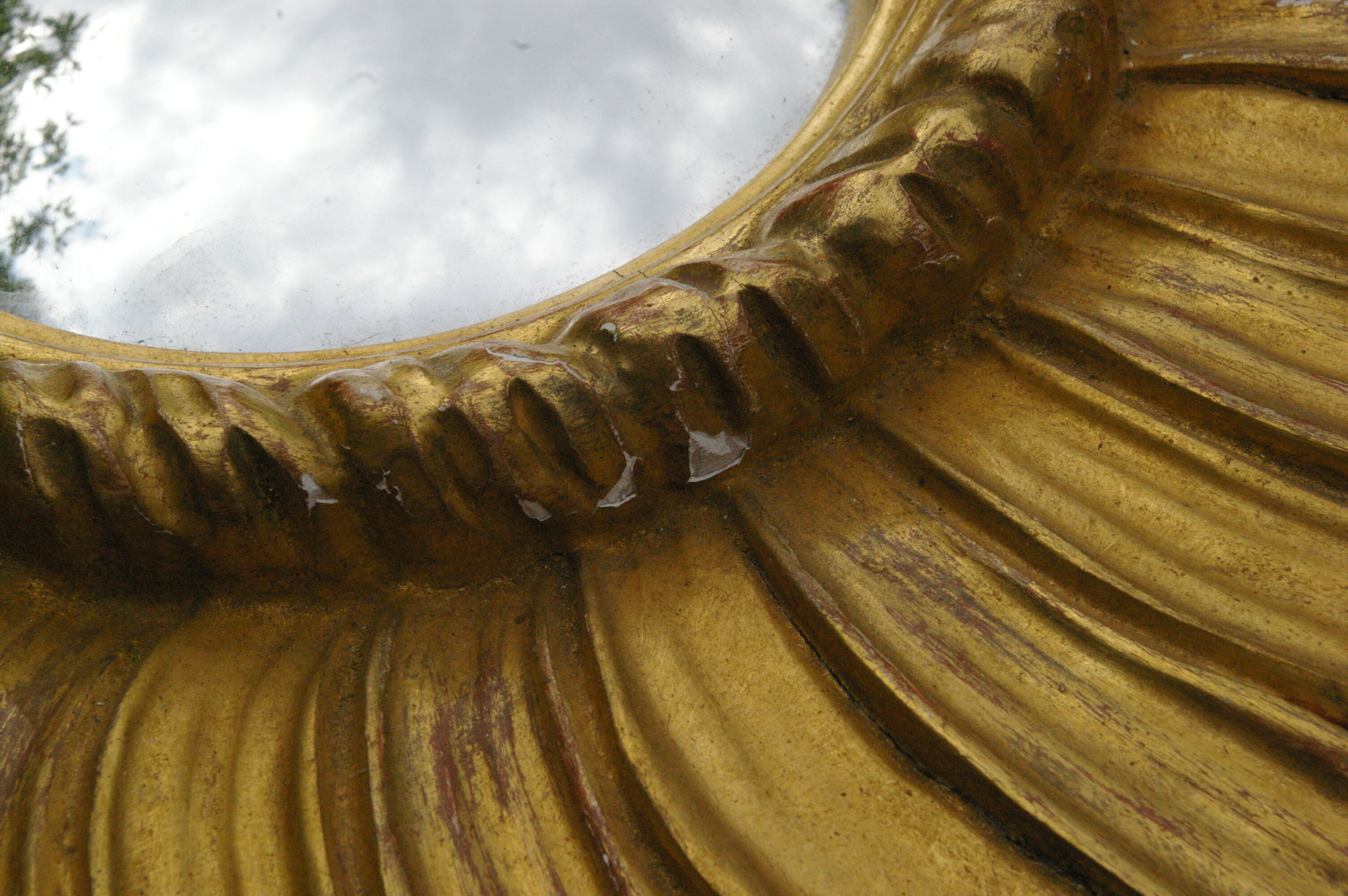 Old mirror sun domed golden wood "witch's eye"