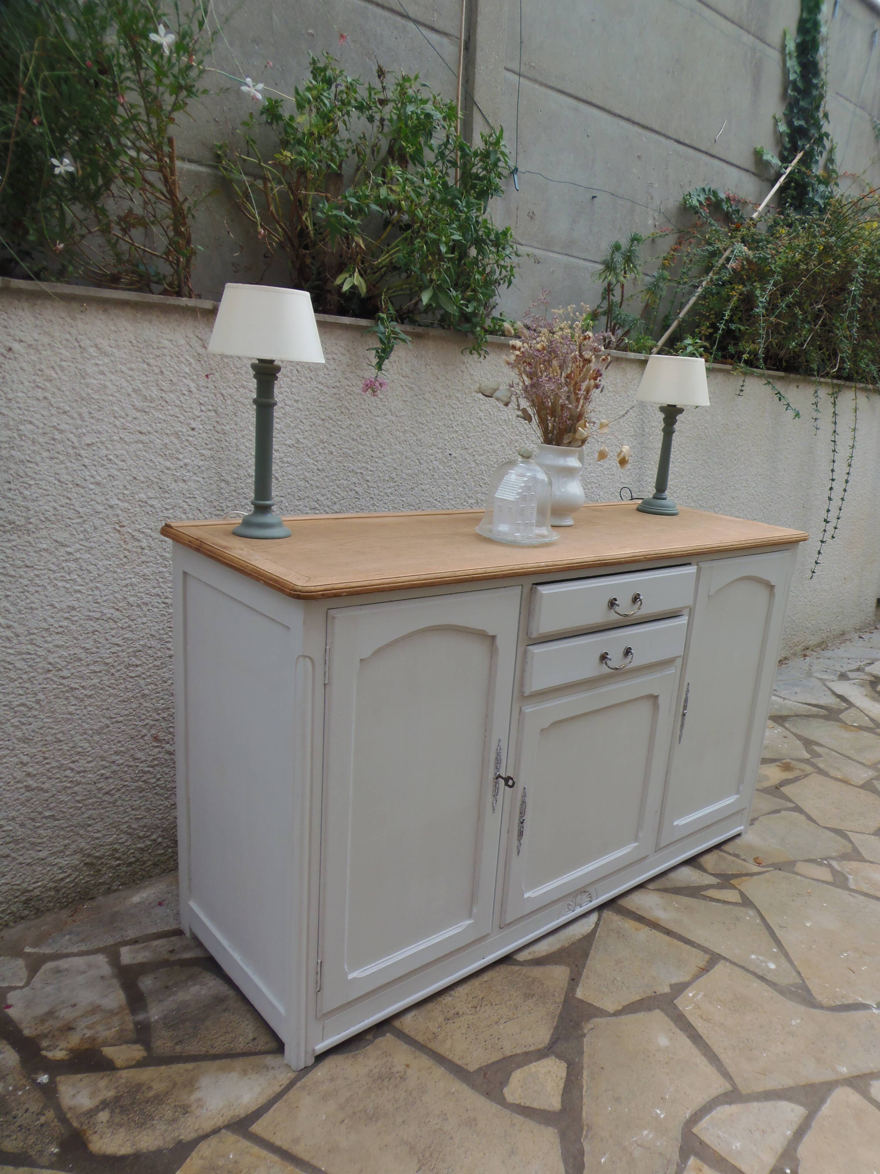 Vintage sideboard in pearl grey patinated oak, wooden top.