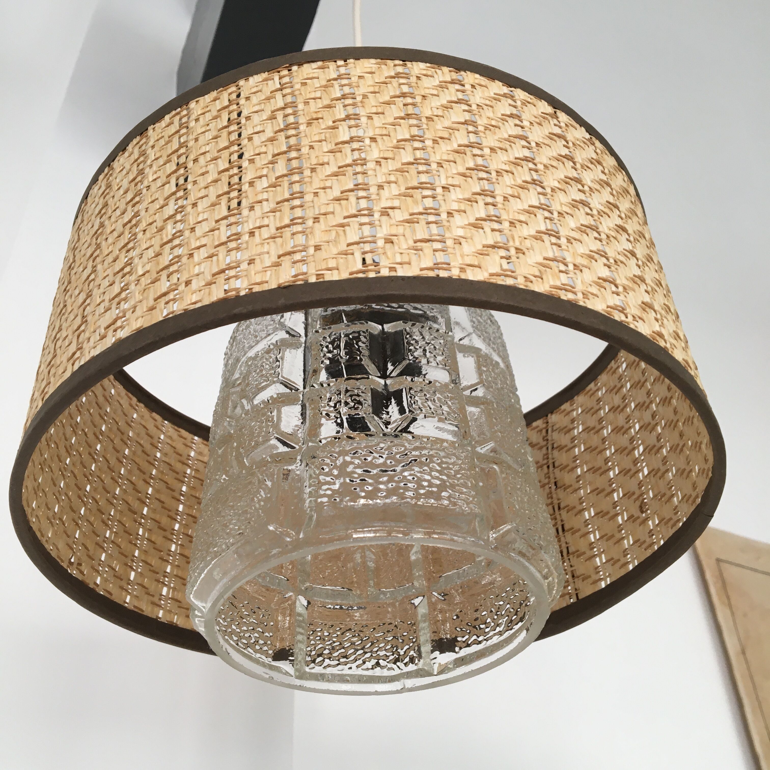 Vintage hanging lamp glass globe and raffia lampshade