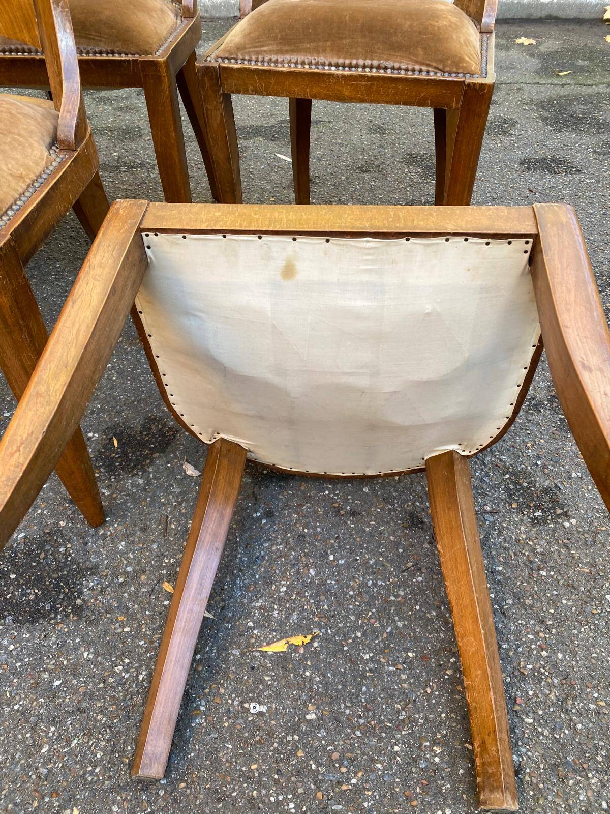 6 Art Deco gondola chairs in solid wood and brown suede