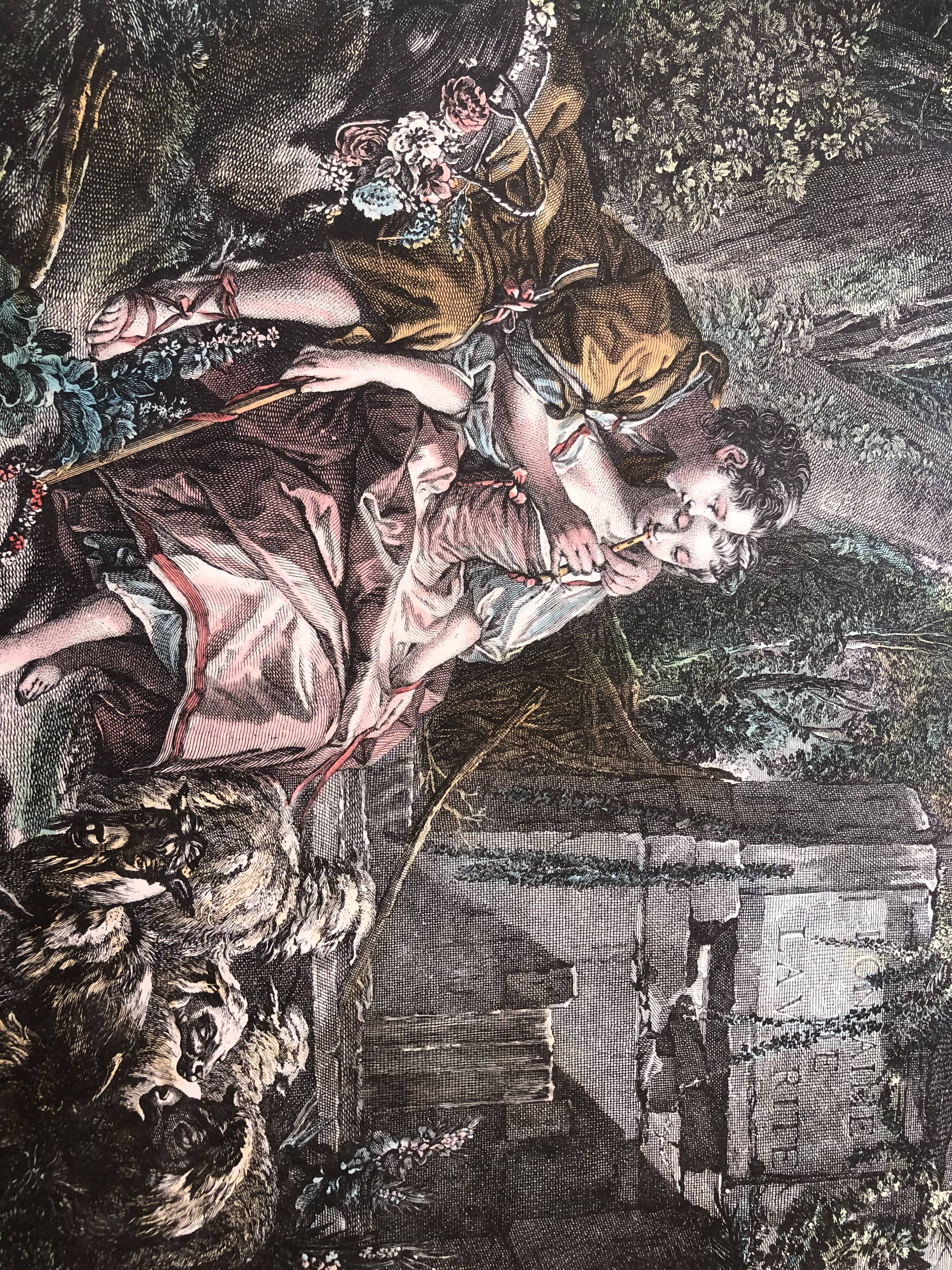 Lithography the pleasant season after boucher and gaillard, mid-20th century print, flute-playing shepherds