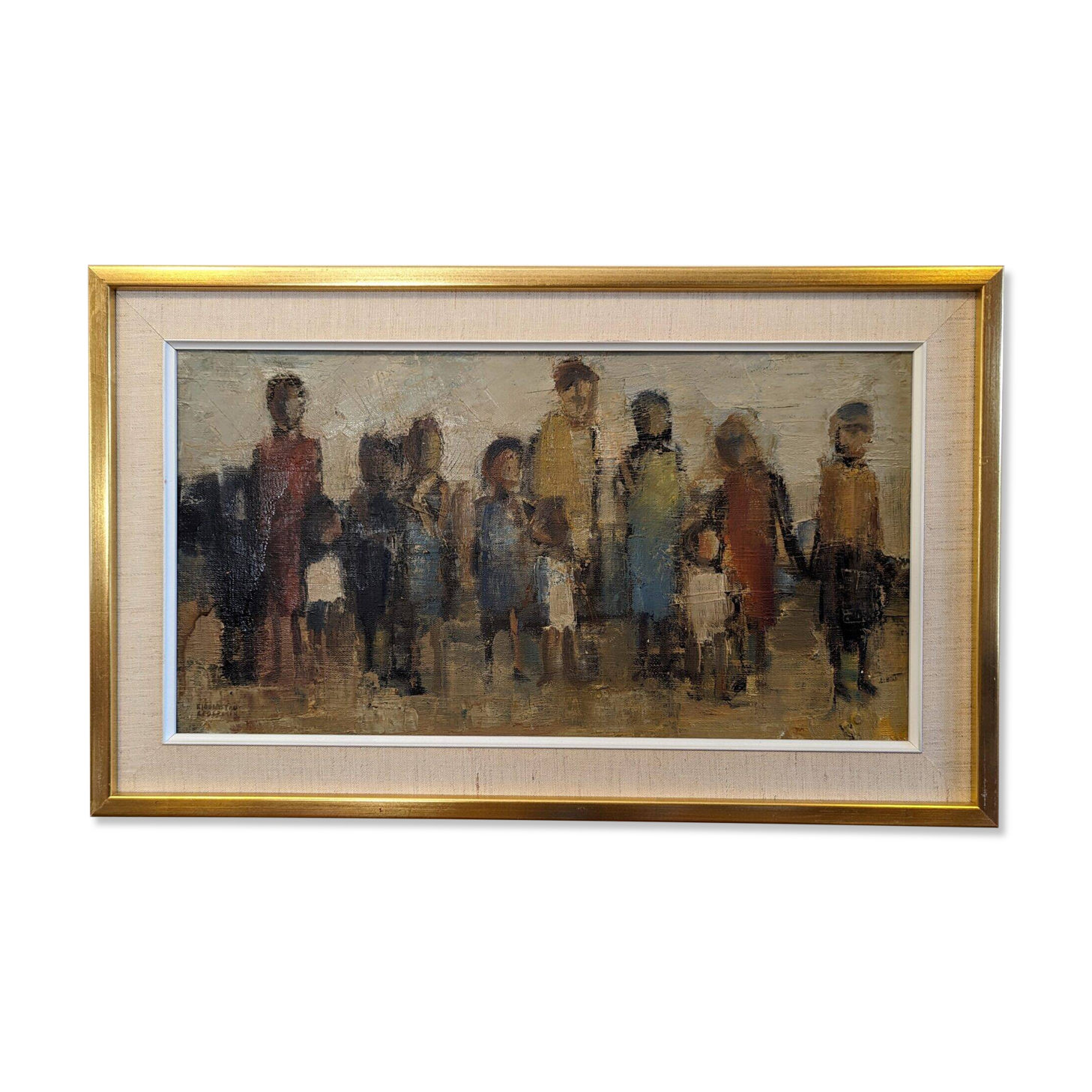 Mid-Century Modern Swedish "Assemble", Vintage Figurative Oil Painting, Framed