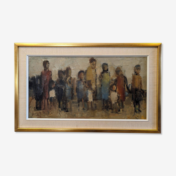 « Assemble » suédois moderne du milieu du siècle, peinture à l’huile figurative vintage, encadrée