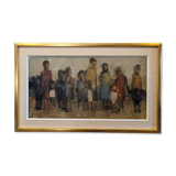 Mid-Century Modern Swedish "Assemble", Vintage Figurative Oil Painting, Framed