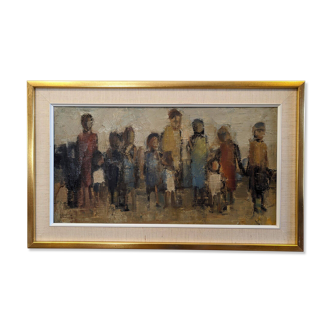 « Assemble » suédois moderne du milieu du siècle, peinture à l’huile figurative vintage, encadrée