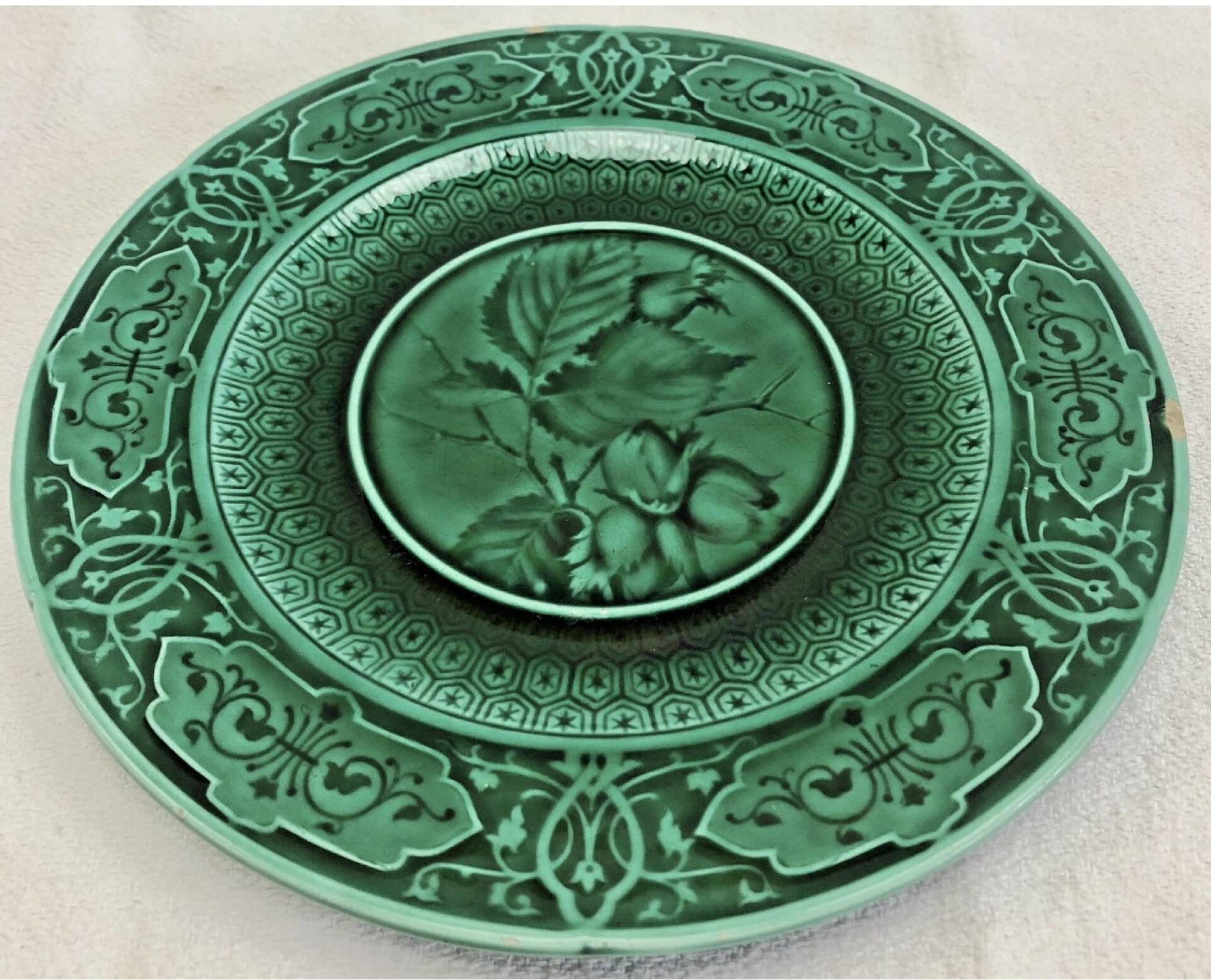 3 fruit plates Sarreguemines majolica shaded enamel Rubelles