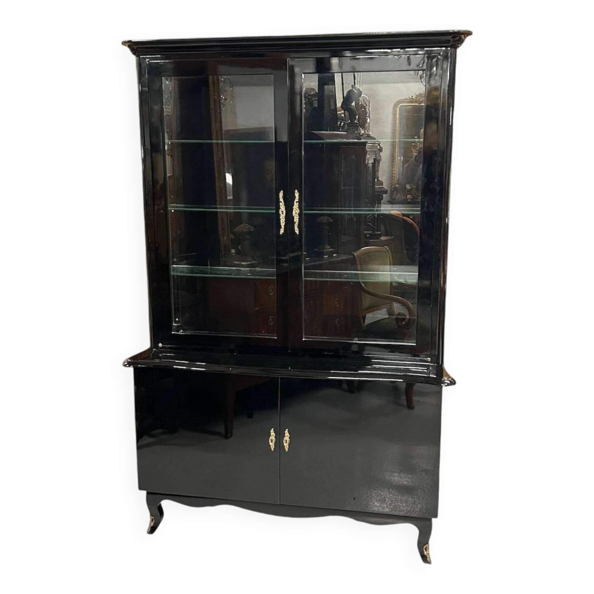 1950s black lacquered two-body display cabinet - bookcase