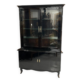 Buffet deux corps en vitrine des années 1950 laqué noir - bibliothèque