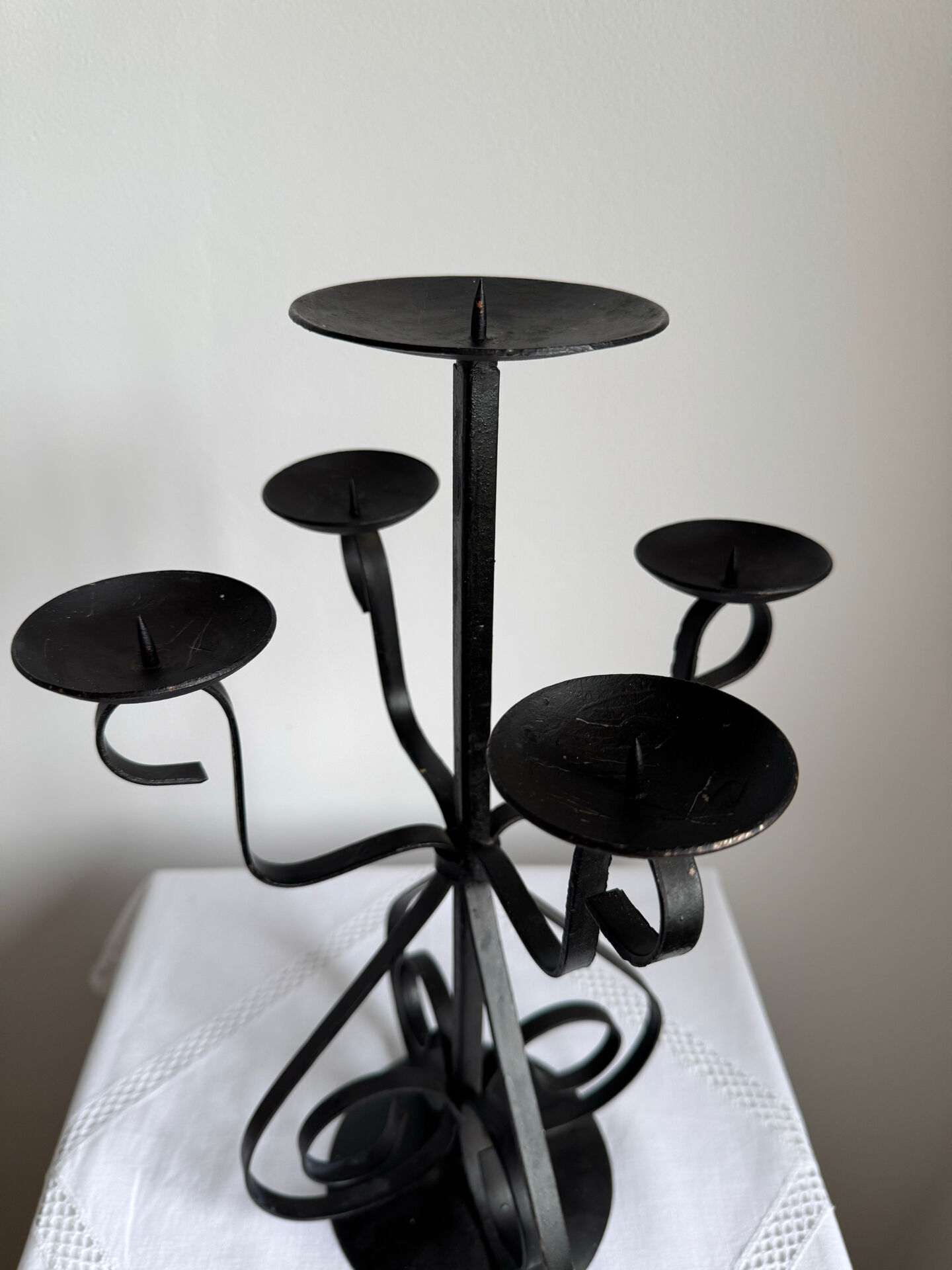 Vintage Brutalist large black wrought iron candelabra