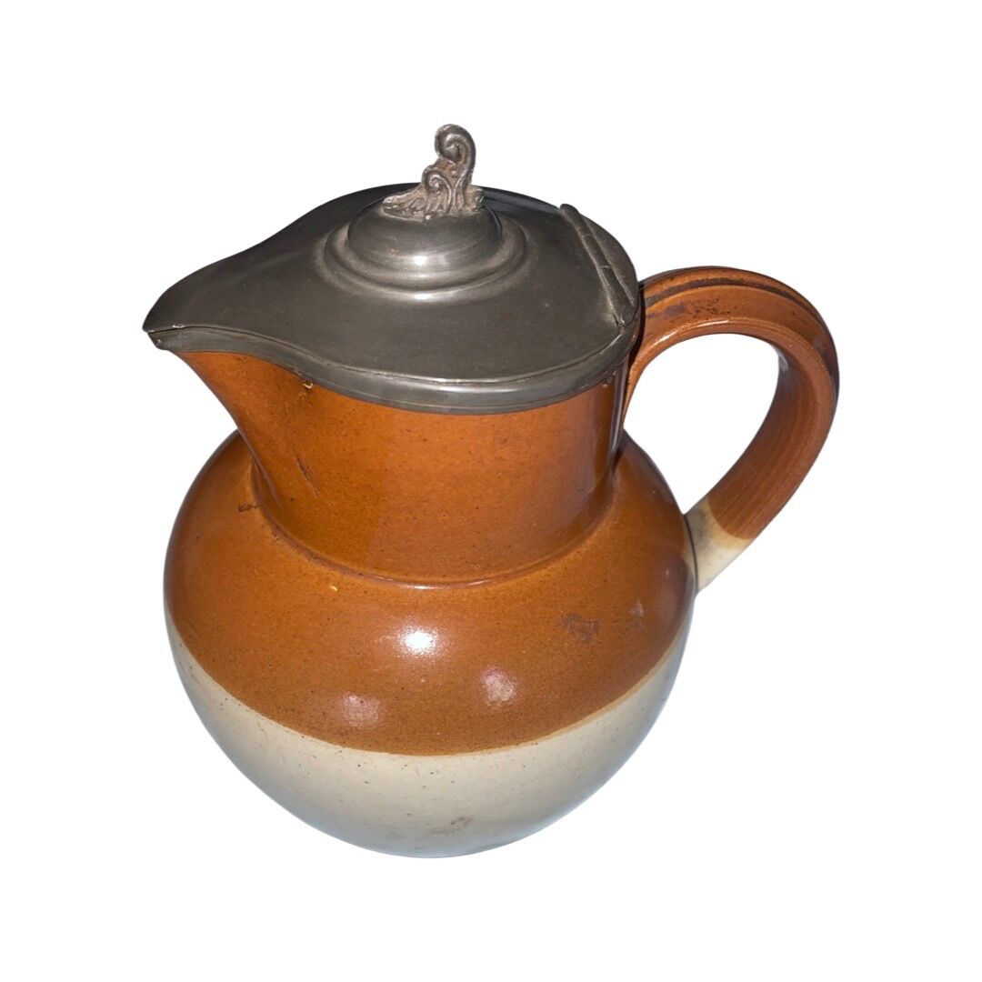 Old brown and beige Langley Mill 19th century pitcher with its pewter lid